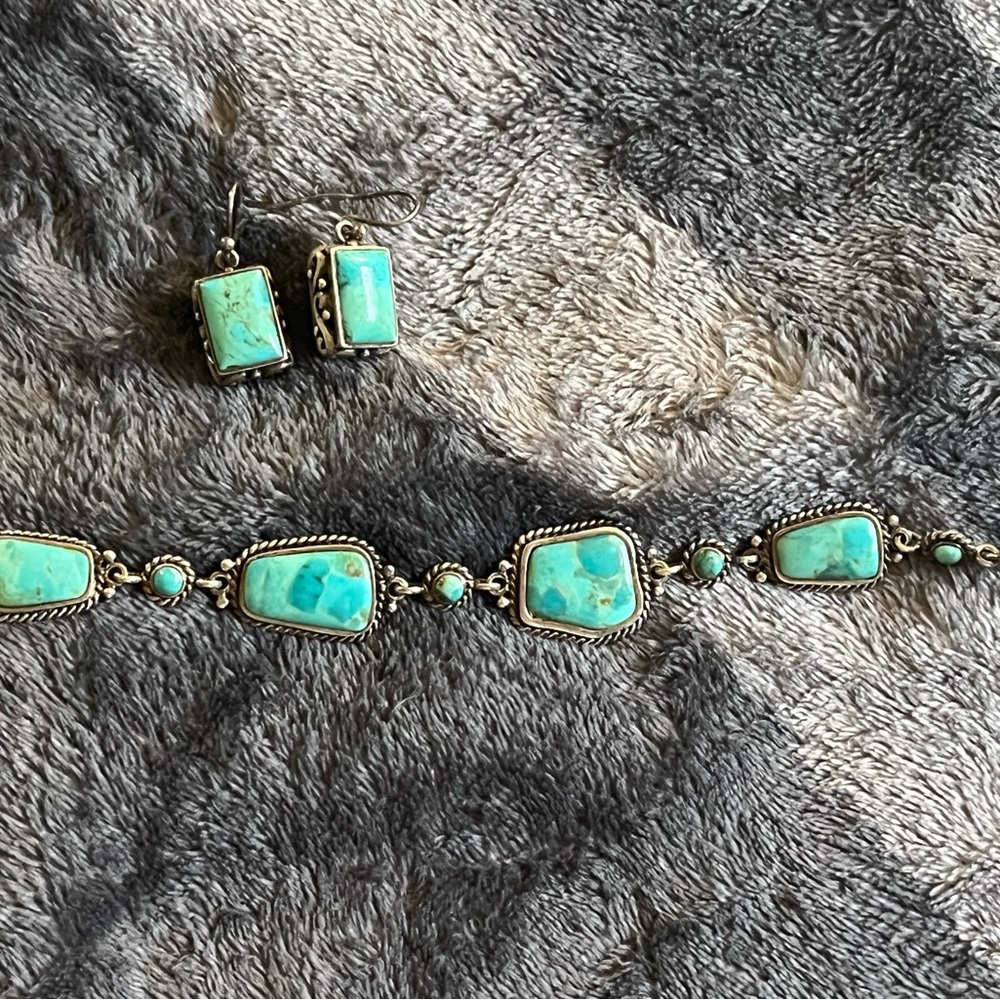 VTG BARSE Link Bracelet 7.75‎ Turquoise Cabs 925 Sterling Silver and earrings